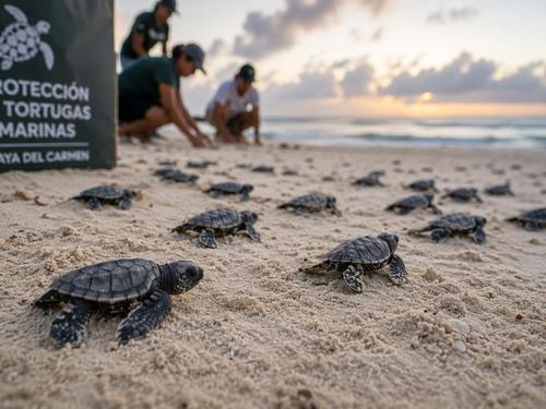 Baby sea turtle making its way across a protected beach in Playa del Carmen, Mexico