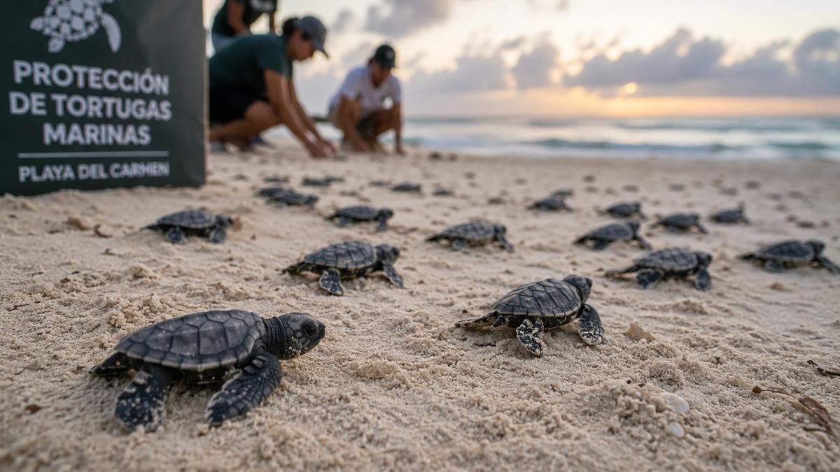 Baby sea turtle making its way across a protected beach in Playa del Carmen, Mexico