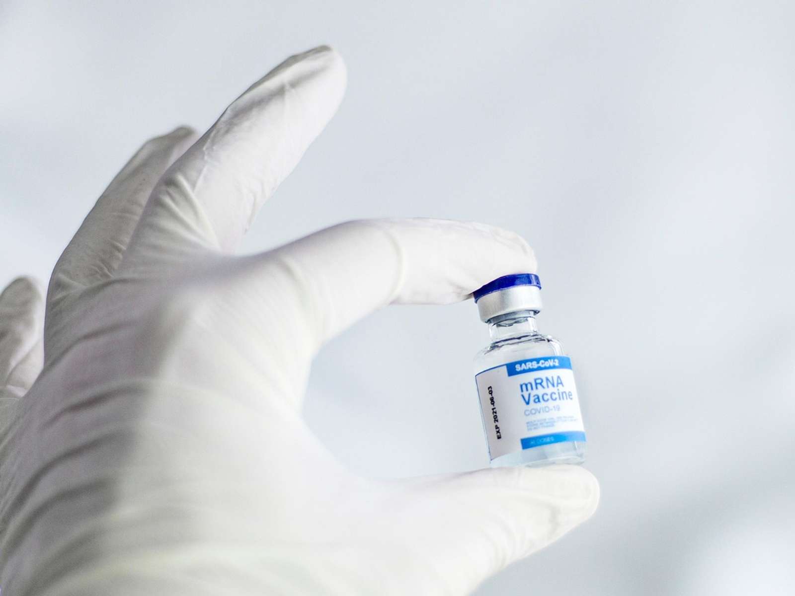 A gloved hand holding a small glass vaccine vial