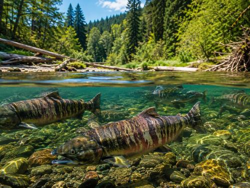 Summer-run chum salmon swimming upstream through a restored river habitat in Washington state