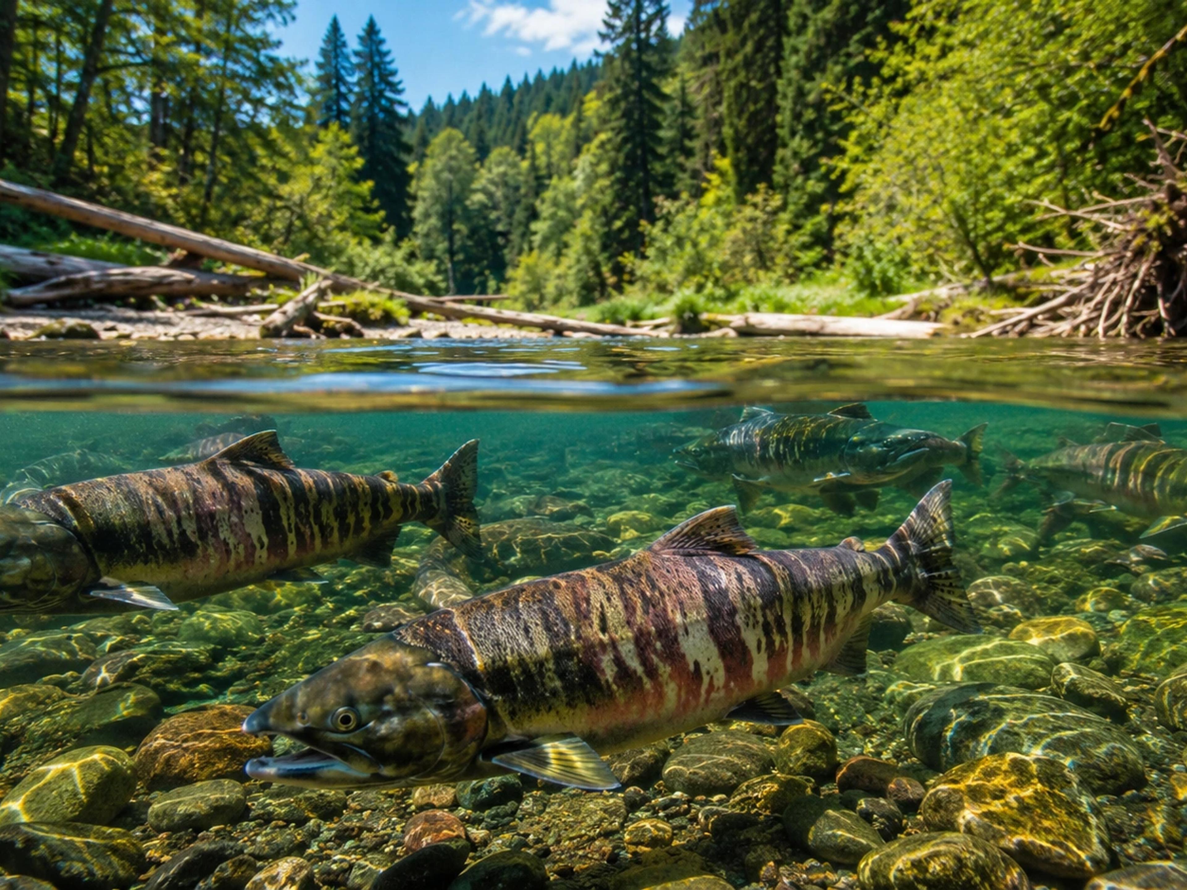 Summer-run chum salmon swimming upstream through a restored river habitat in Washington state
