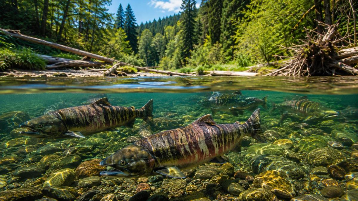 Summer-run chum salmon swimming upstream through a restored river habitat in Washington state
