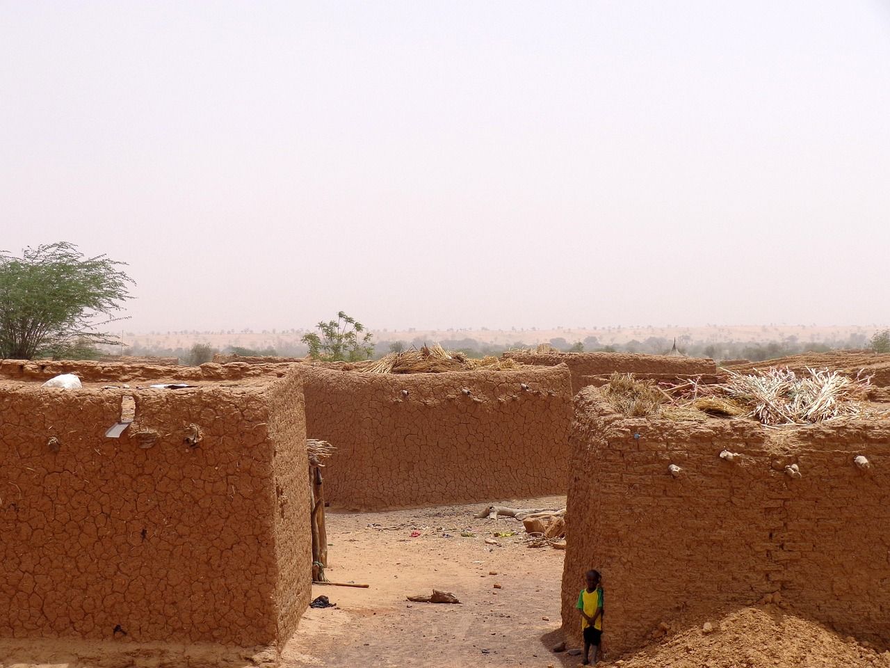 Mud-brick walls of a village in a dry, hazy Sahel landscape