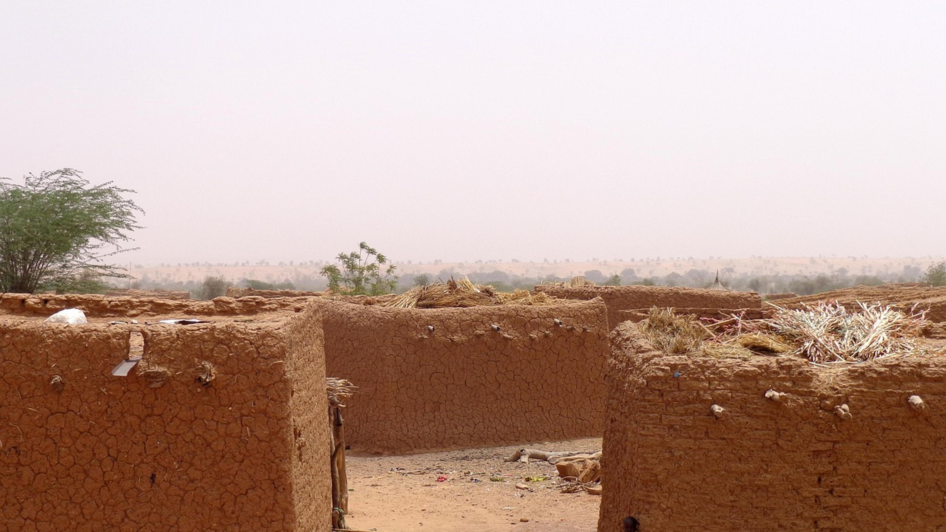 Mud-brick walls of a village in a dry, hazy Sahel landscape