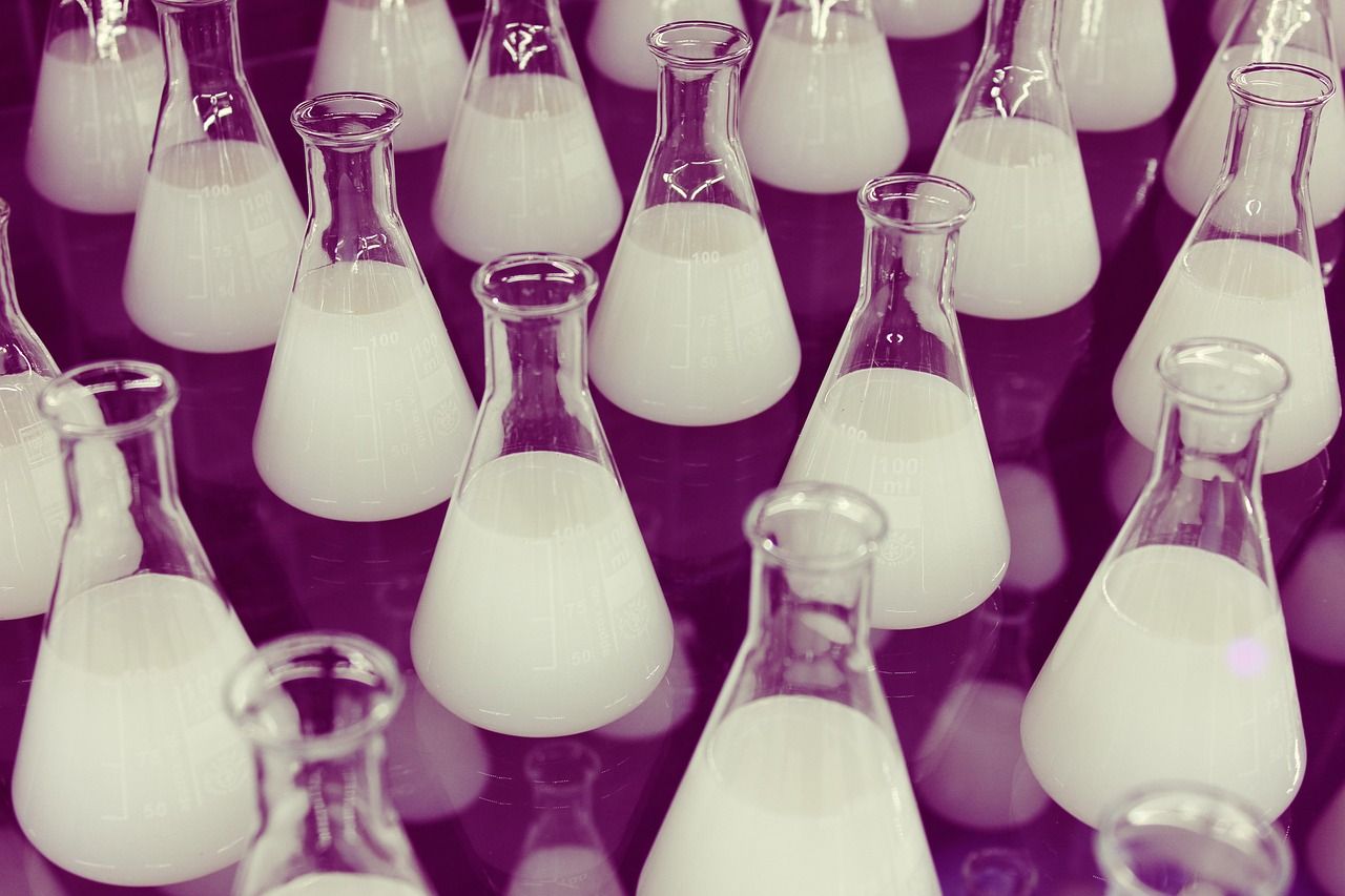Rows of glass Erlenmeyer flasks filled with a white liquid