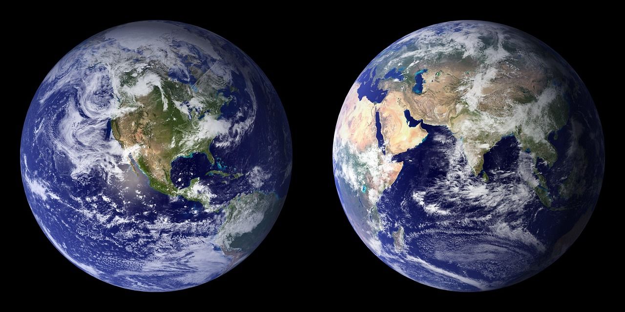 Two views of planet Earth from space against a black background