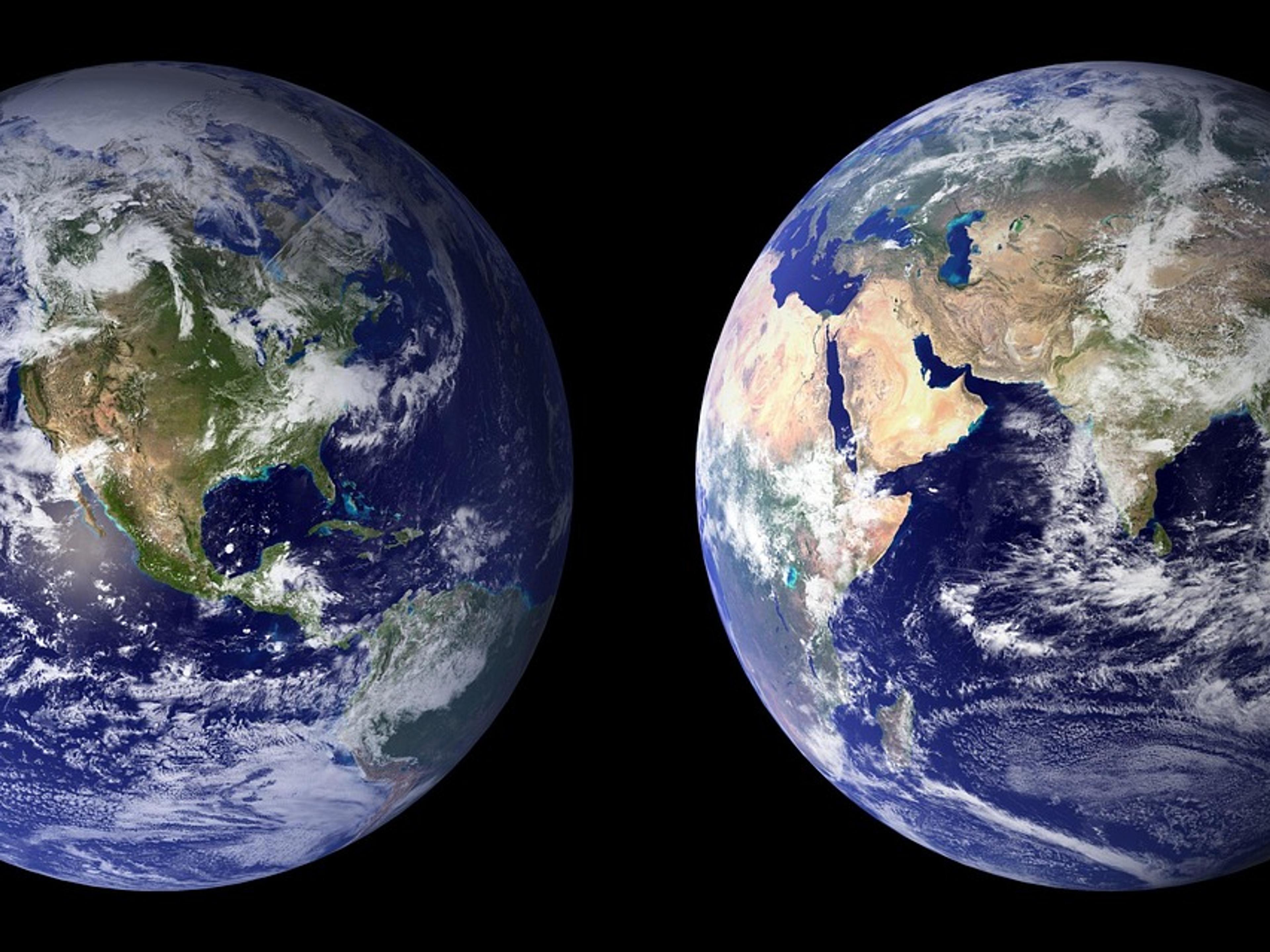 Two views of planet Earth from space against a black background