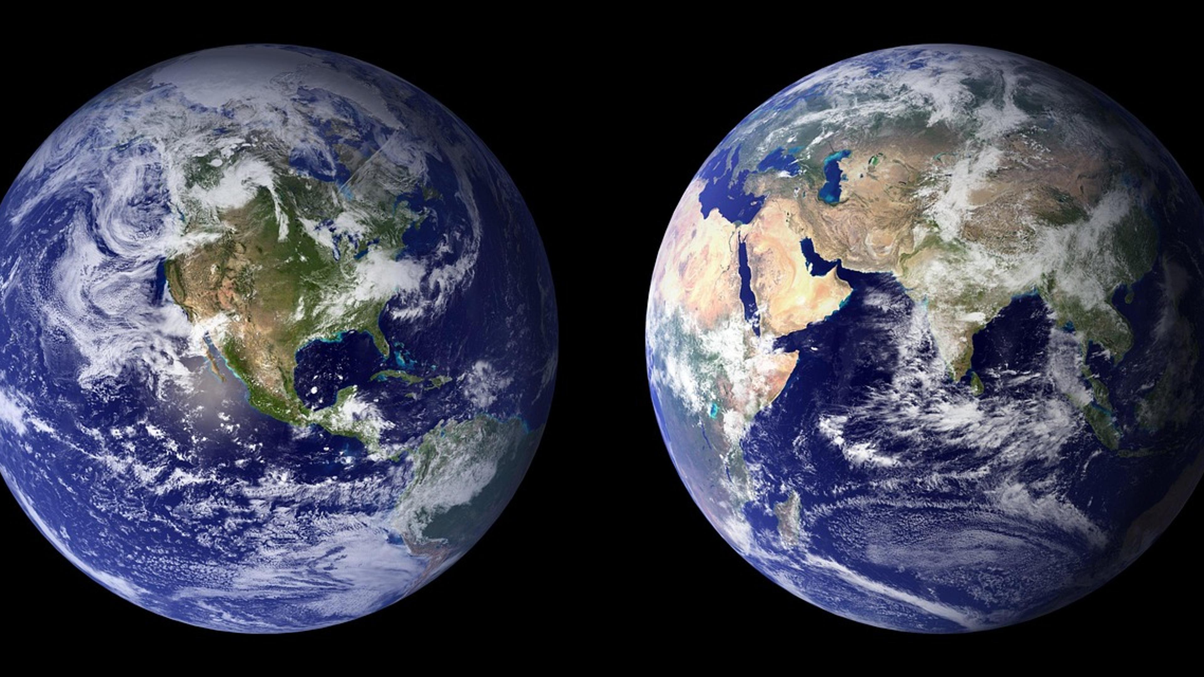 Two views of planet Earth from space against a black background