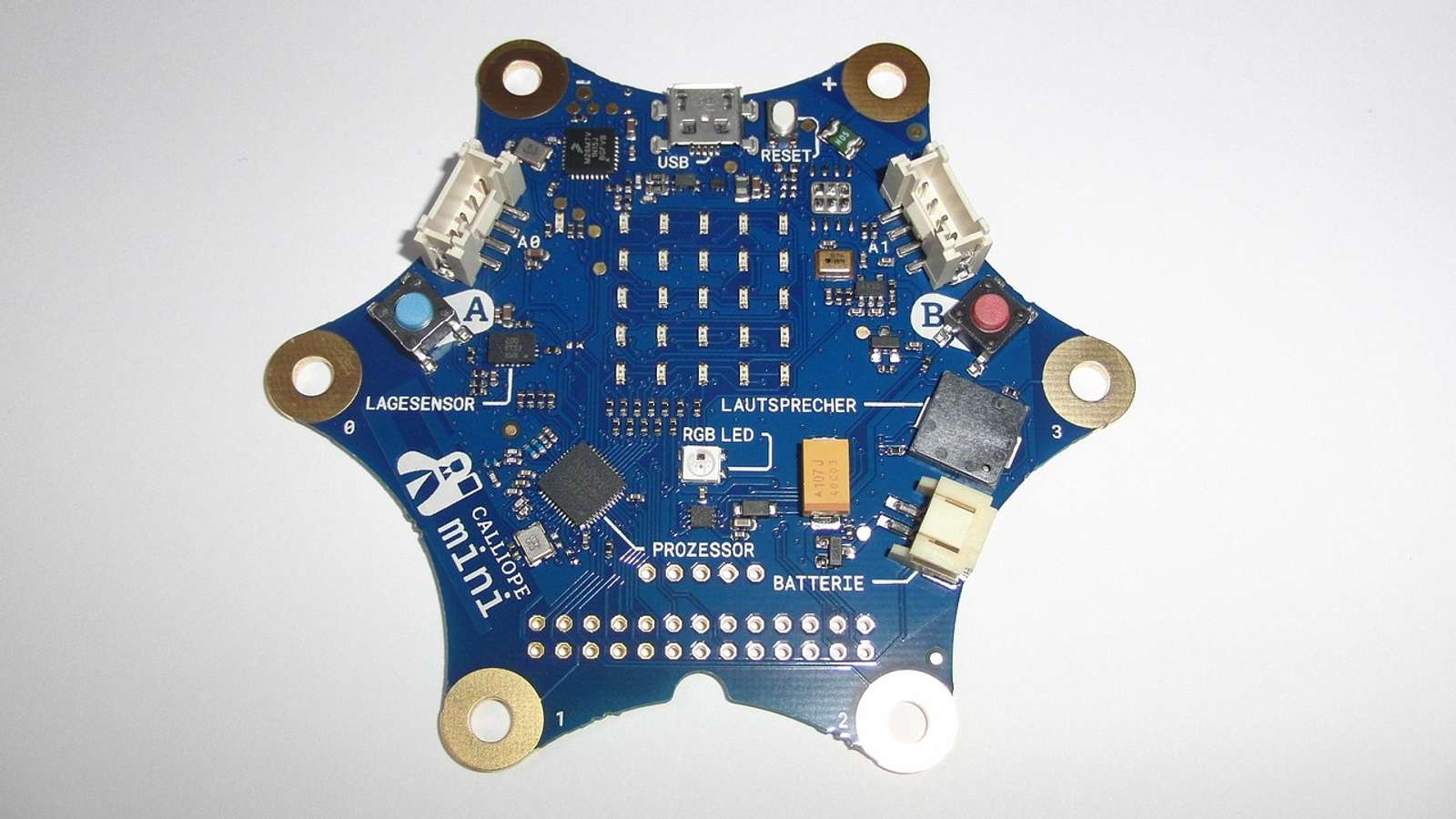 A blue hexagonal circuit board with small electronic components on a white background