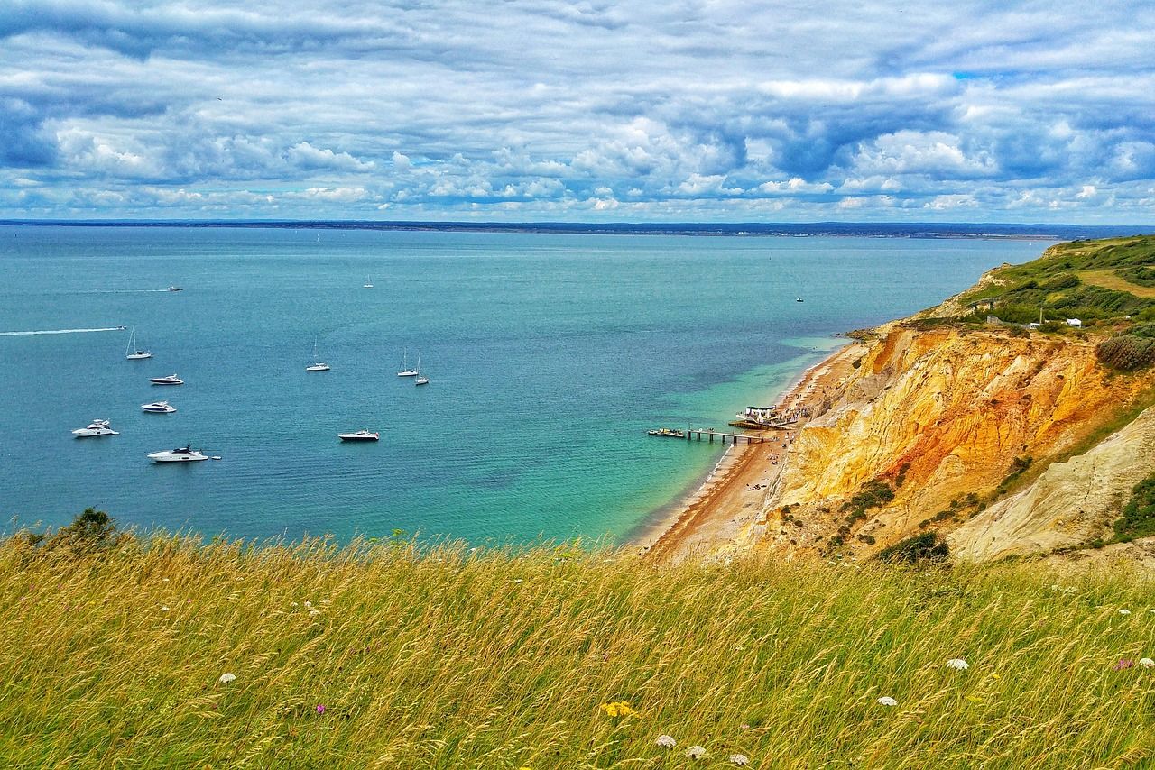 Grassy cliffs above a sandy beach on the coast of the Isle of Wight