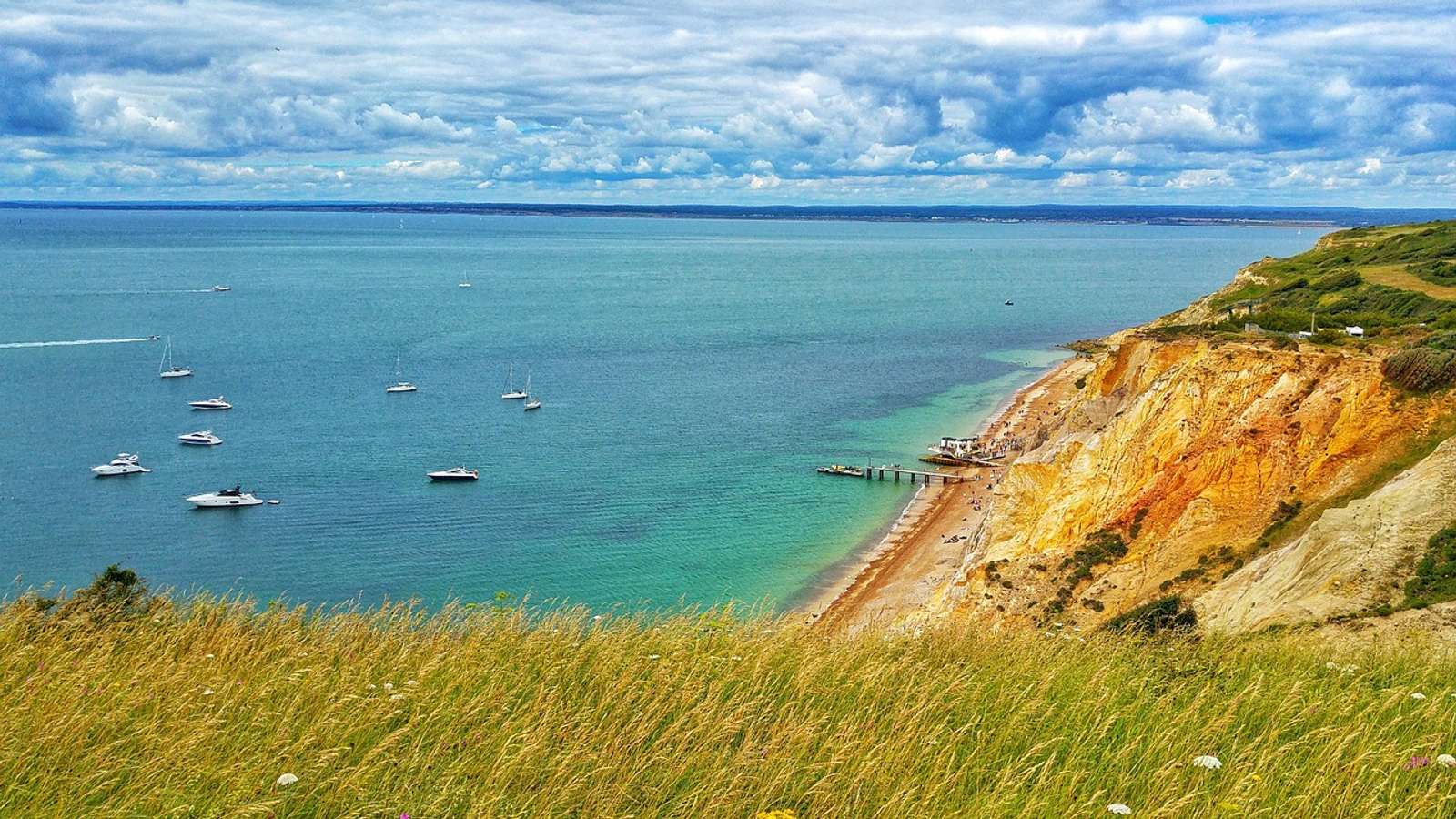 Grassy cliffs above a sandy beach on the coast of the Isle of Wight