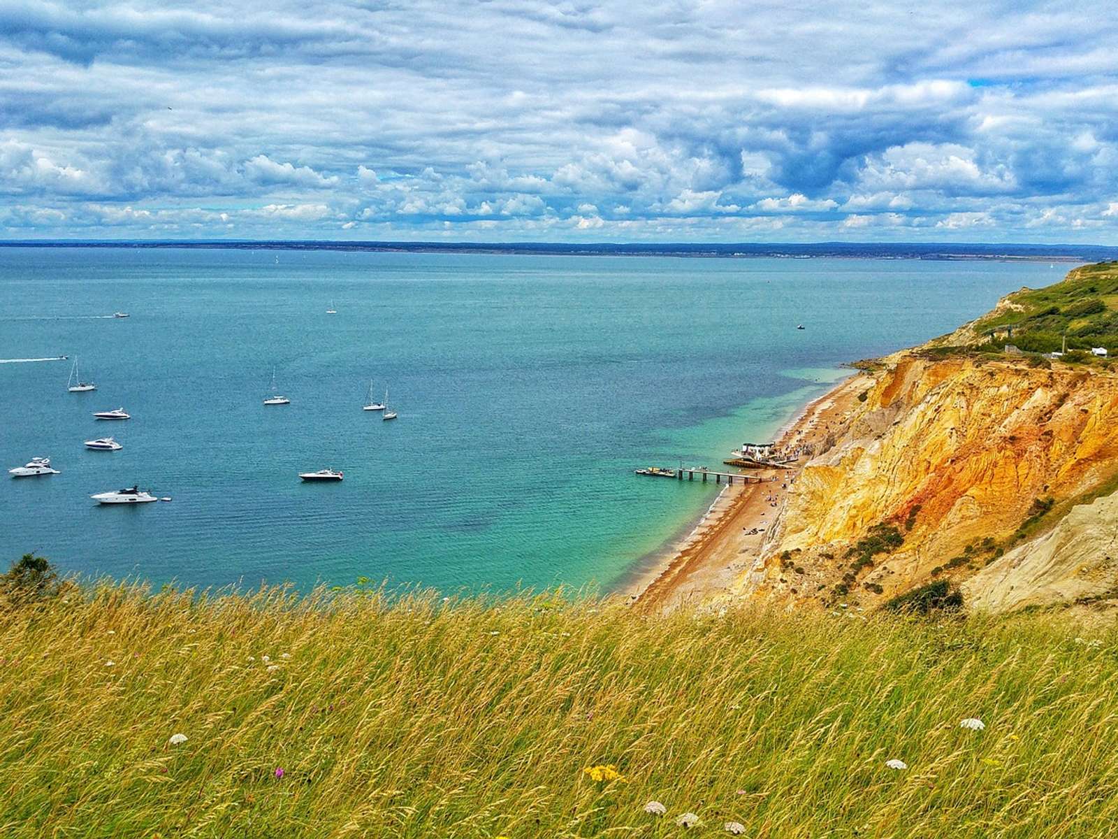 Grassy cliffs above a sandy beach on the coast of the Isle of Wight