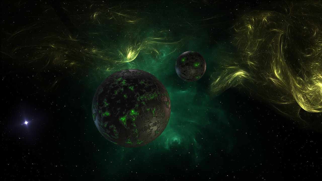 Artistic view of a dark planet against a glowing green and orange nebula