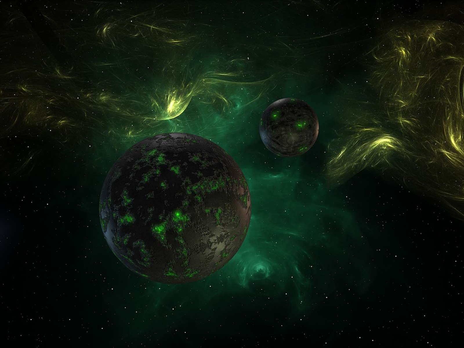 Artistic view of a dark planet against a glowing green and orange nebula