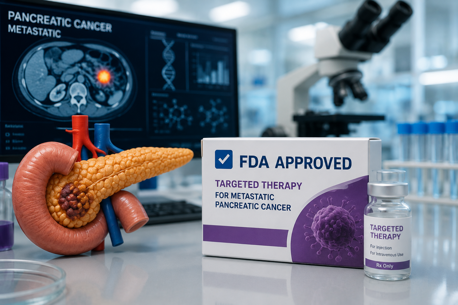 Illustration of a pancreas and targeted therapy for metastatic pancreatic cancer after FDA approval.