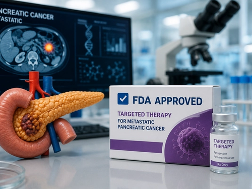Illustration of a pancreas and targeted therapy for metastatic pancreatic cancer after FDA approval.