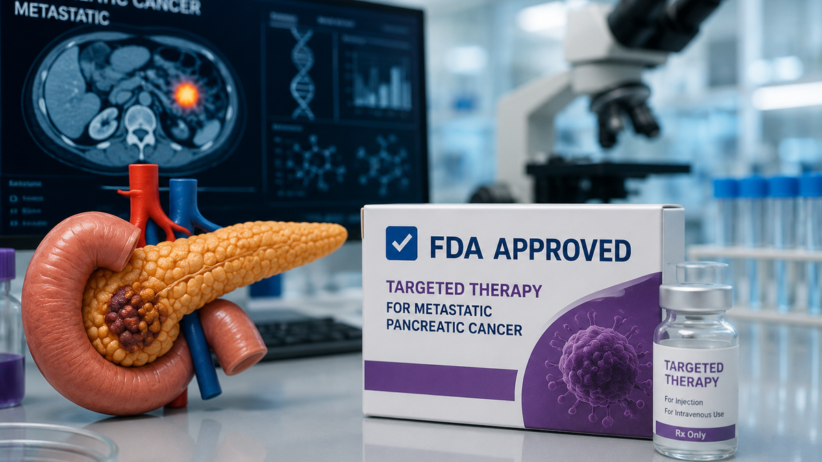 Illustration of a pancreas and targeted therapy for metastatic pancreatic cancer after FDA approval.