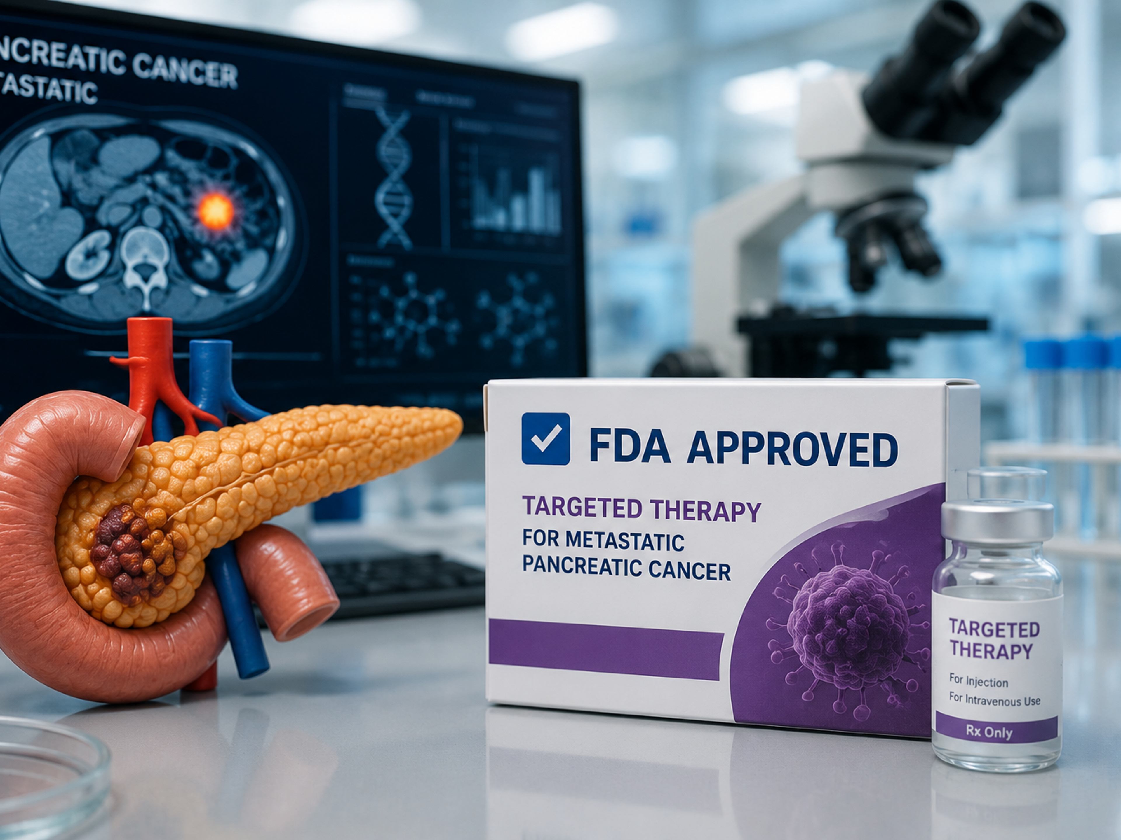 Illustration of a pancreas and targeted therapy for metastatic pancreatic cancer after FDA approval.