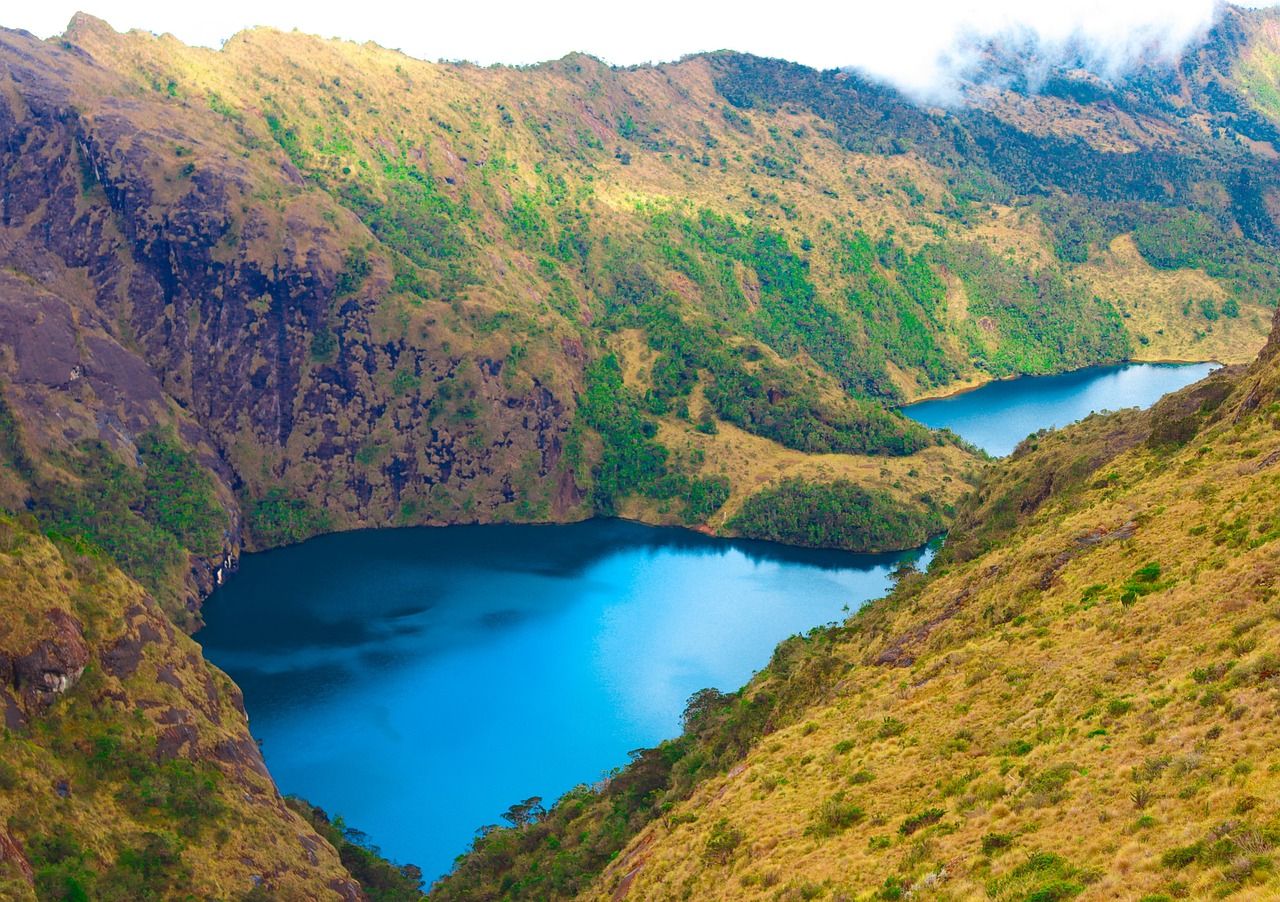 Blue mountain lakes in a green valley near Mount Wilhelm, Papua New Guinea