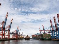 Wide view of container ships and cargo cranes at a busy port terminal under a cloudy sky