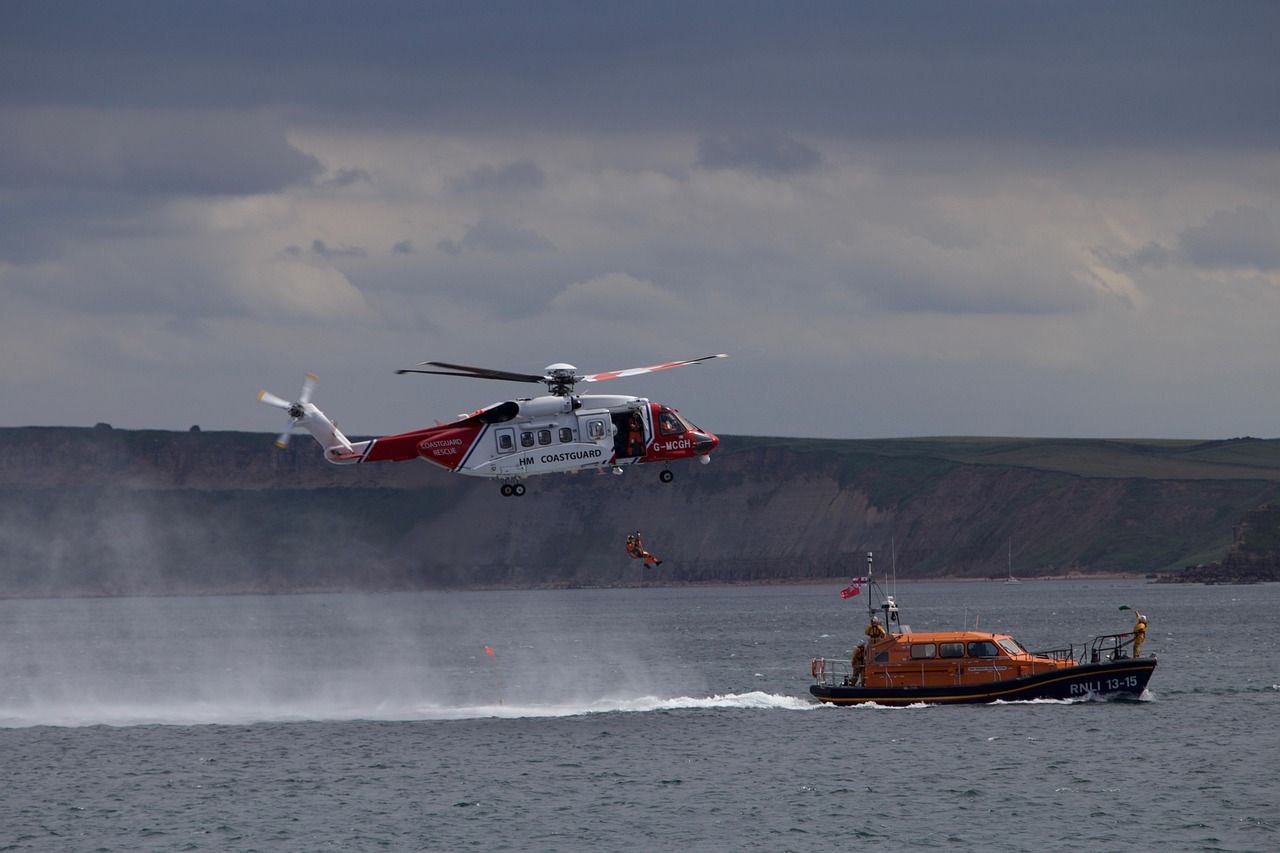 Rescue lifeboat and helicopter operating at sea