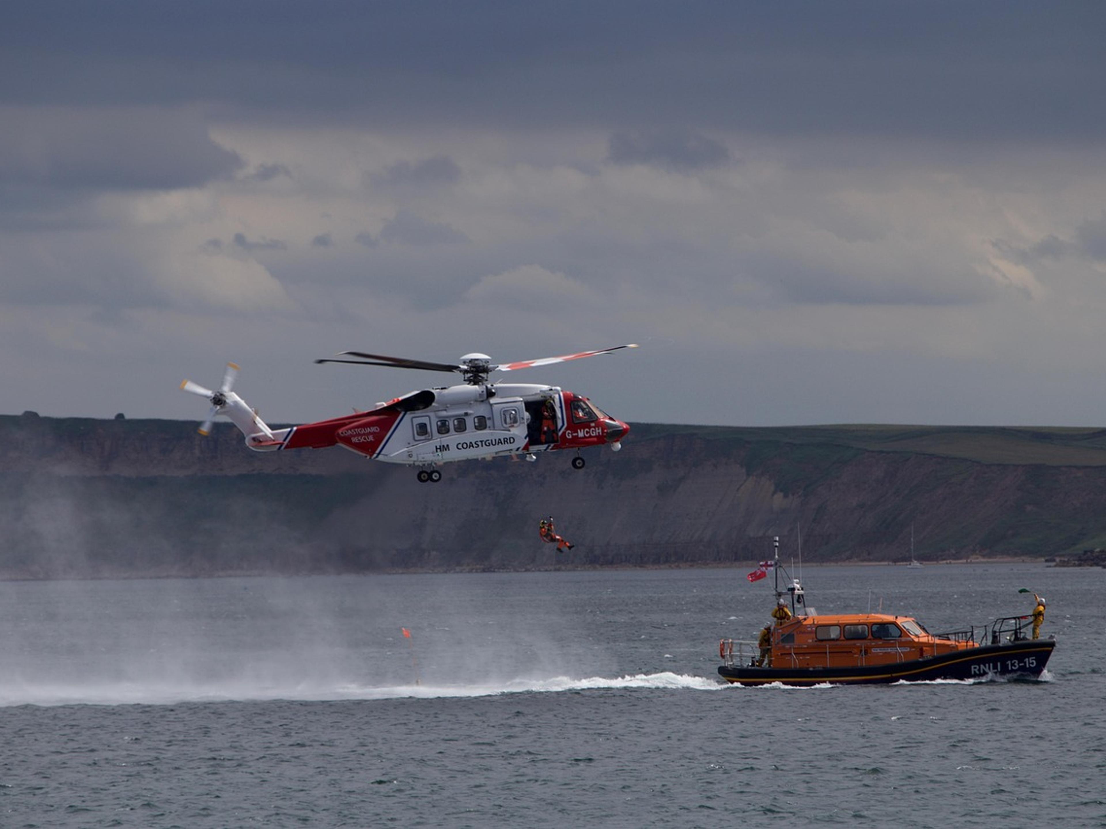Rescue lifeboat and helicopter operating at sea
