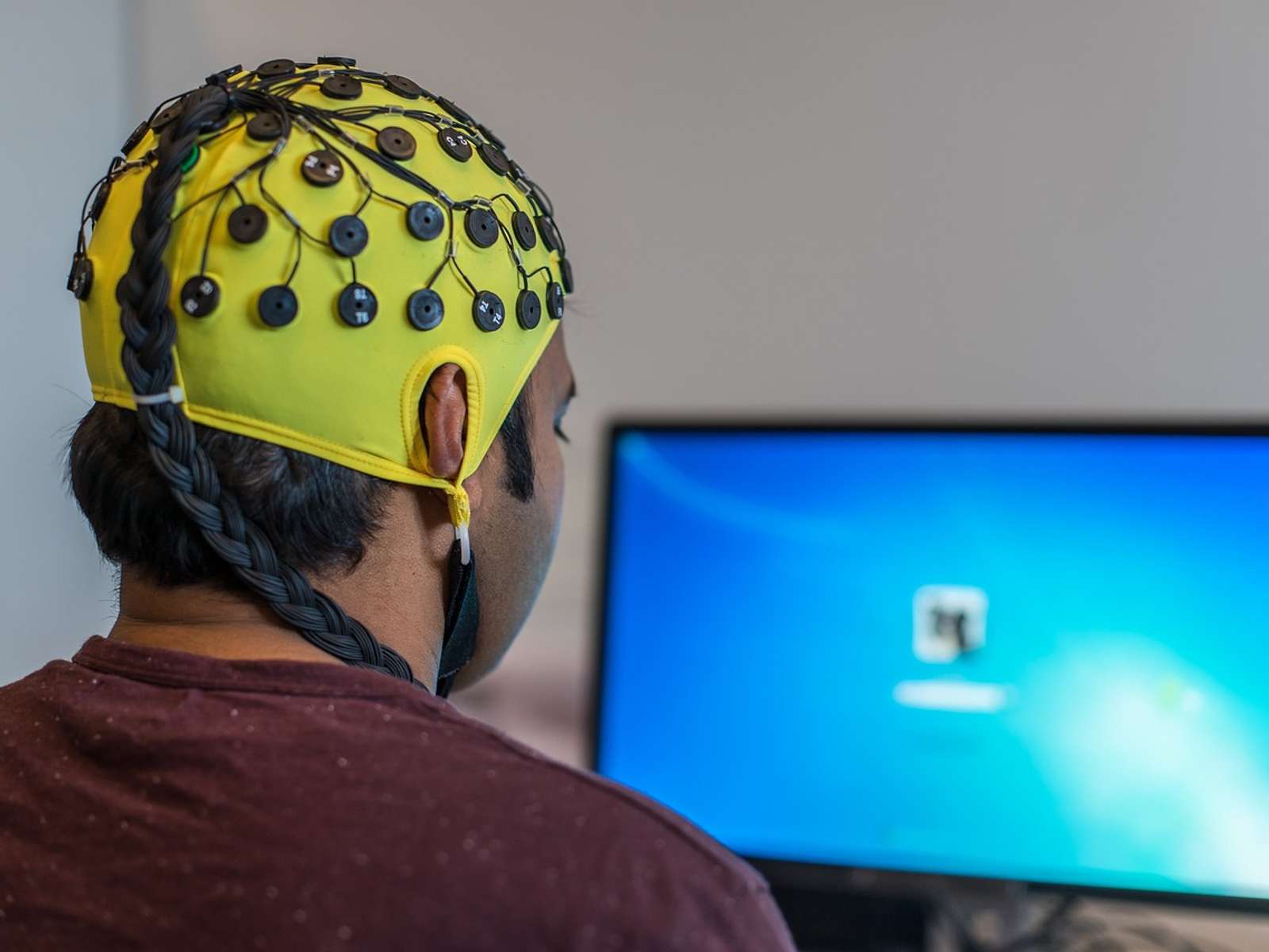 A cap of EEG electrodes for measuring brain activity