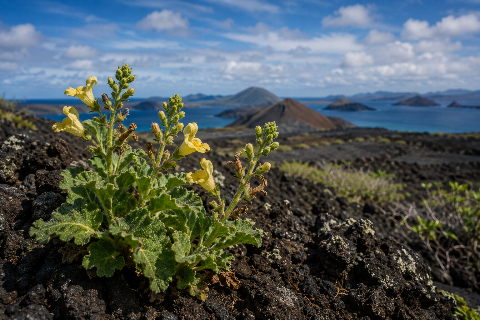 Critically endangered Galápagos snapdragon growing among volcanic rocks on Isabela Island
