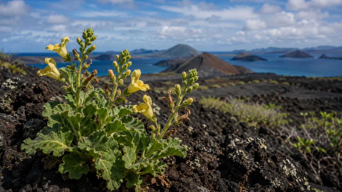 Critically endangered Galápagos snapdragon growing among volcanic rocks on Isabela Island