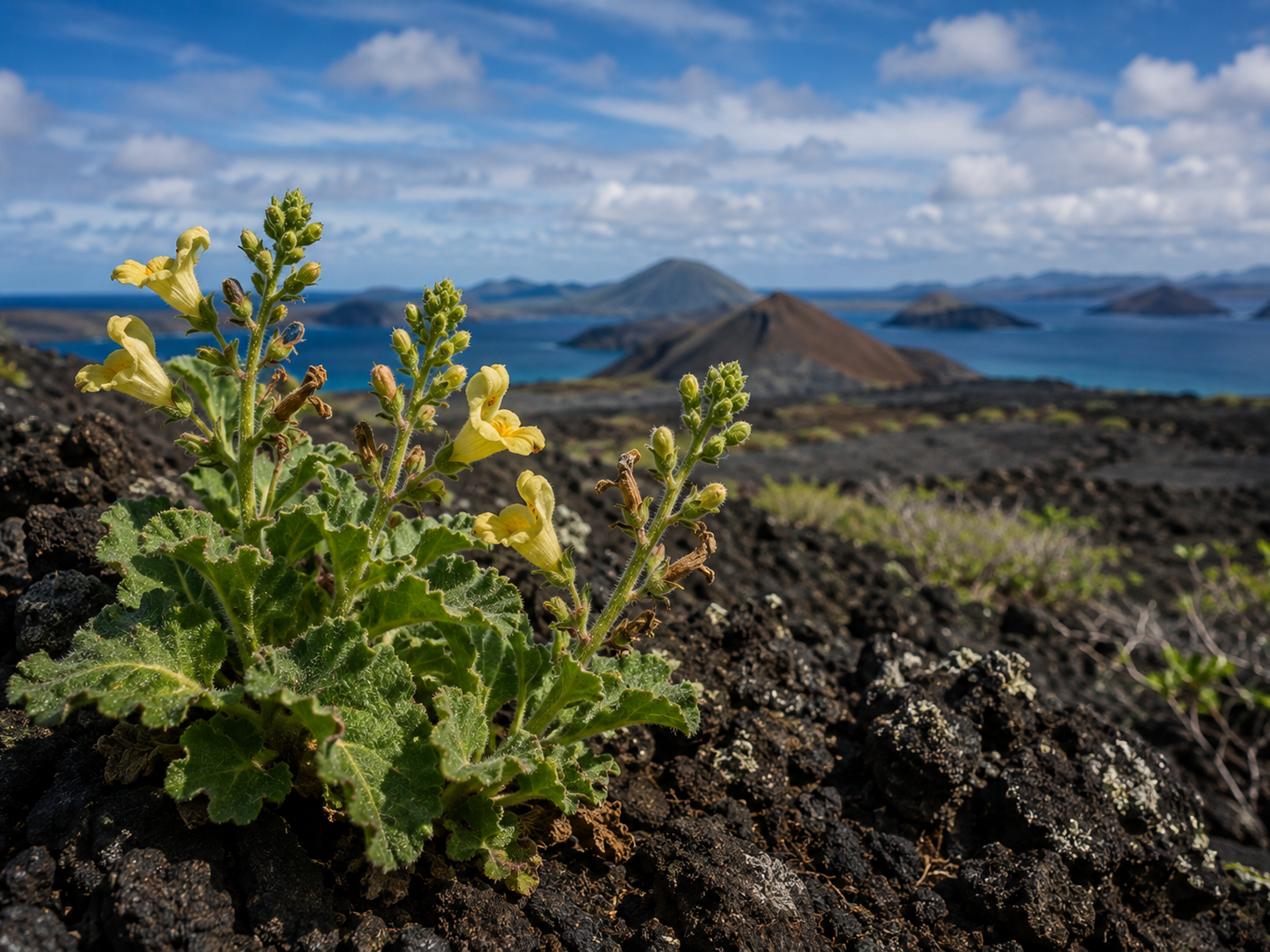 Critically endangered Galápagos snapdragon growing among volcanic rocks on Isabela Island