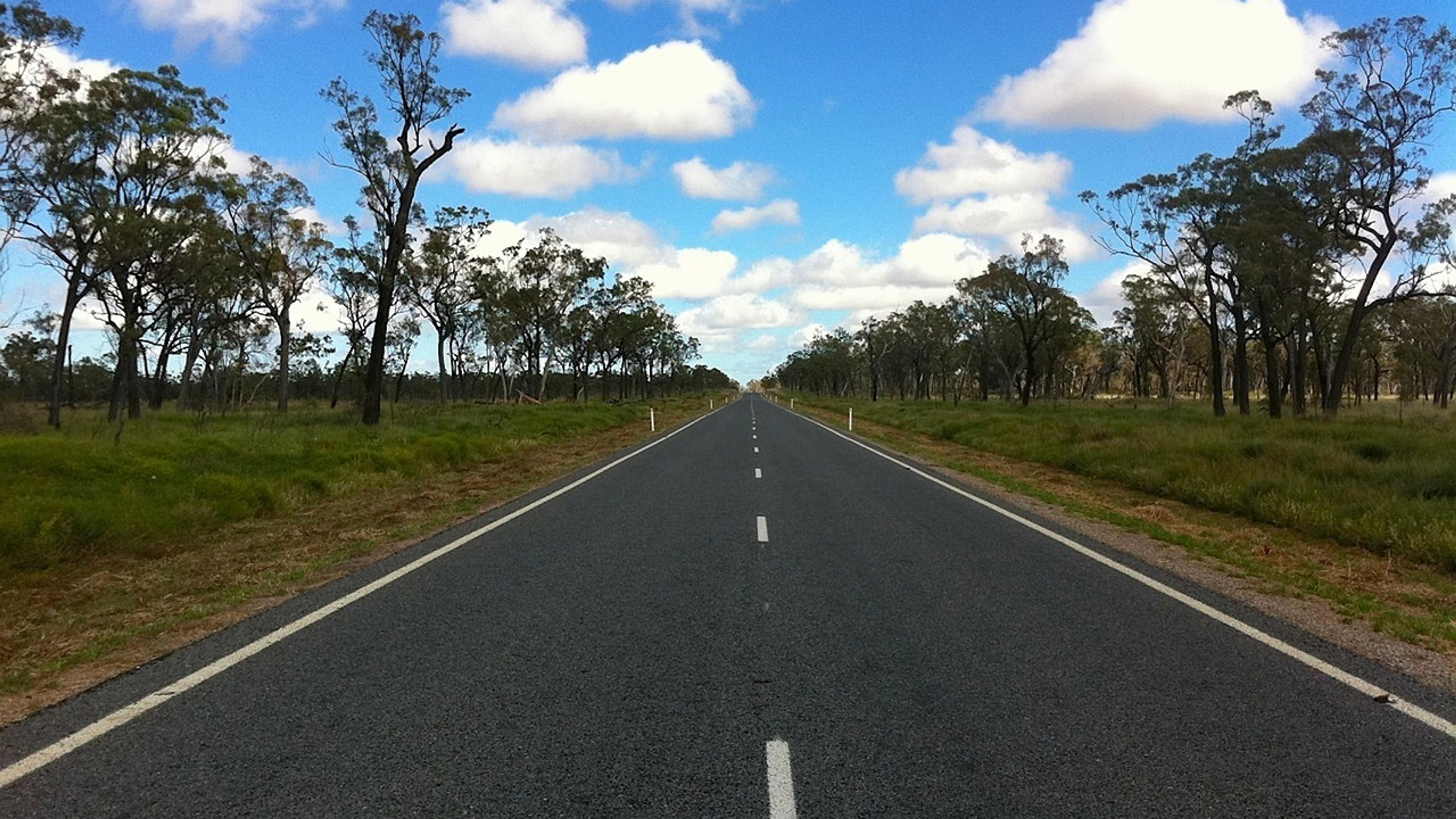 An empty two-lane country road stretching to the horizon between gum trees under a blue sky with white clouds