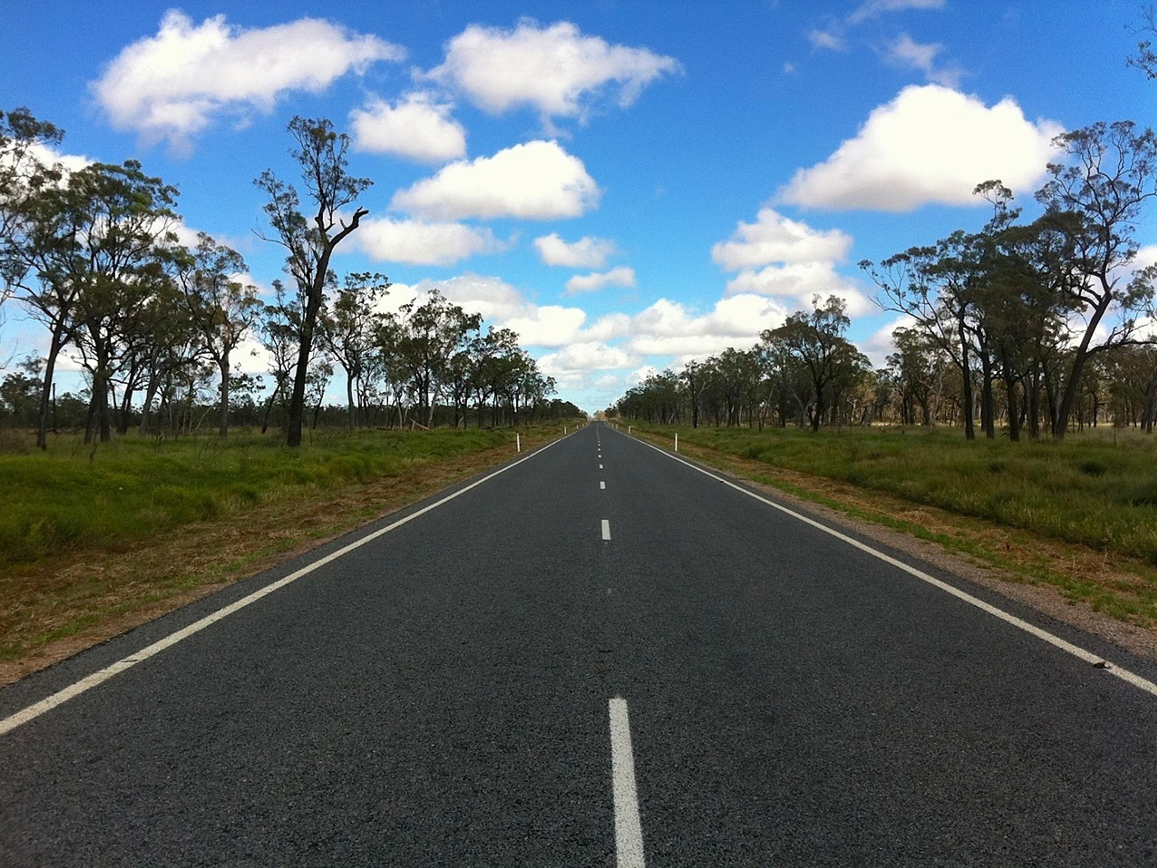An empty two-lane country road stretching to the horizon between gum trees under a blue sky with white clouds