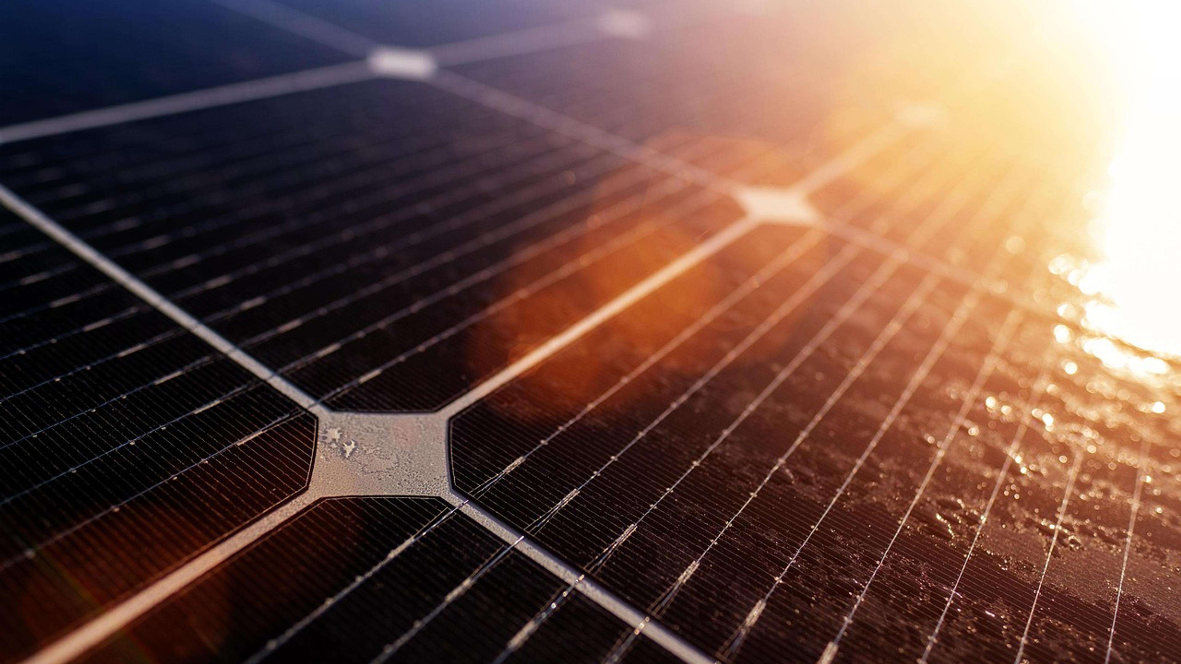 Close-up of solar panels glowing in sunlight