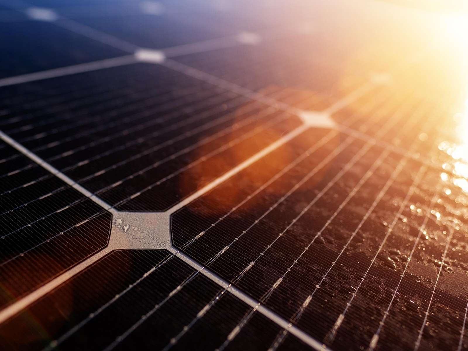 Close-up of solar panels glowing in sunlight