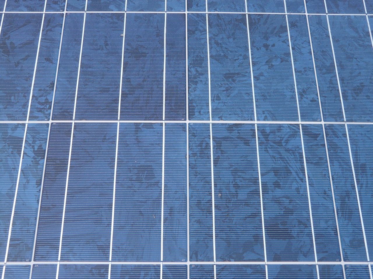Close-up of blue solar cells with visible crystal grain patterns and thin silver contact lines