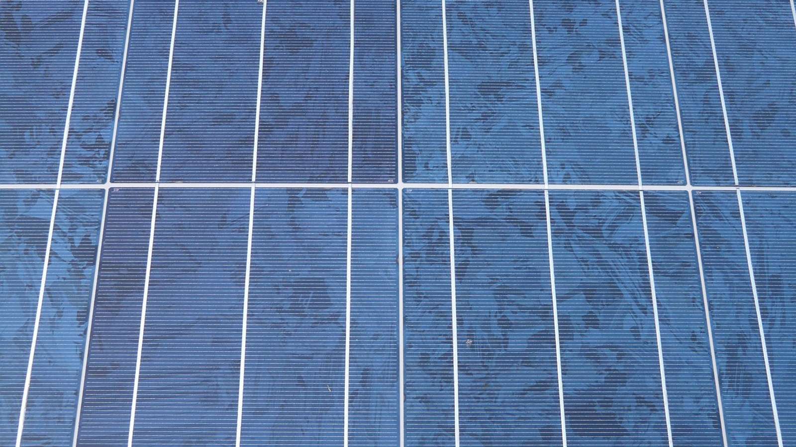 Close-up of blue solar cells with visible crystal grain patterns and thin silver contact lines