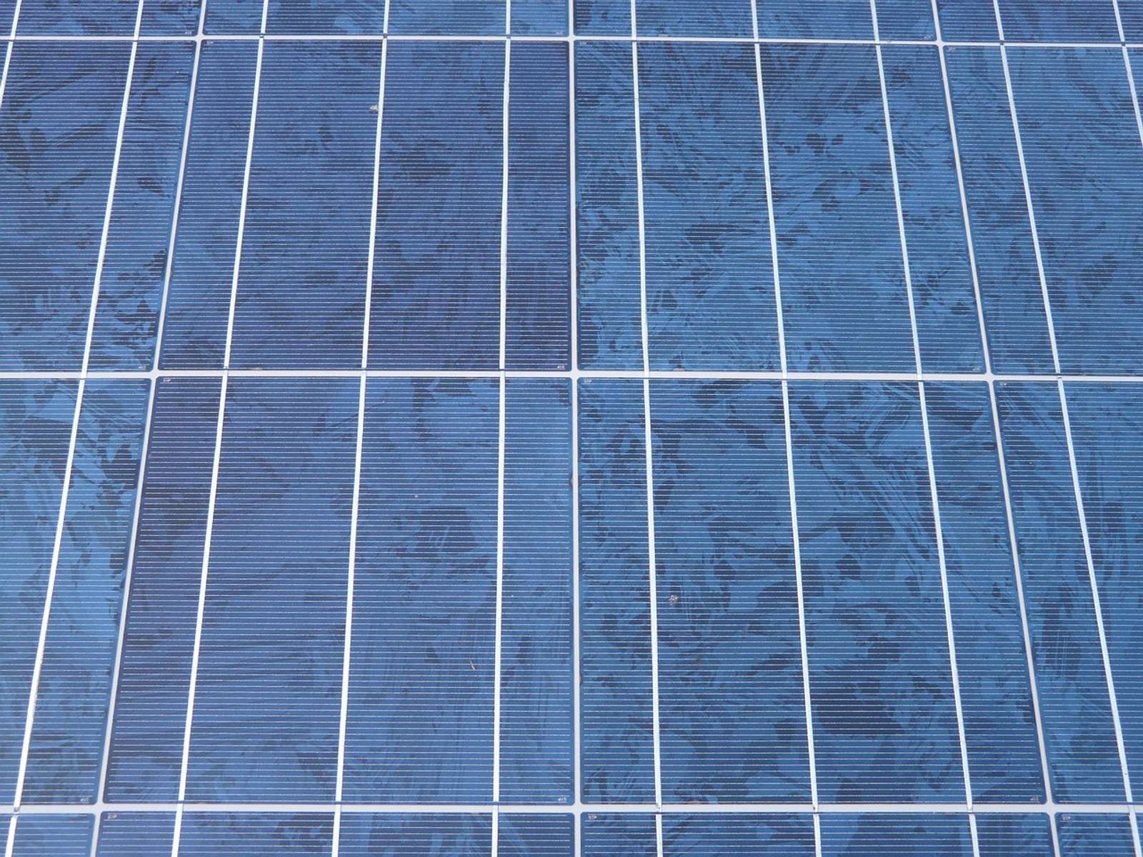 Close-up of blue solar cells with visible crystal grain patterns and thin silver contact lines