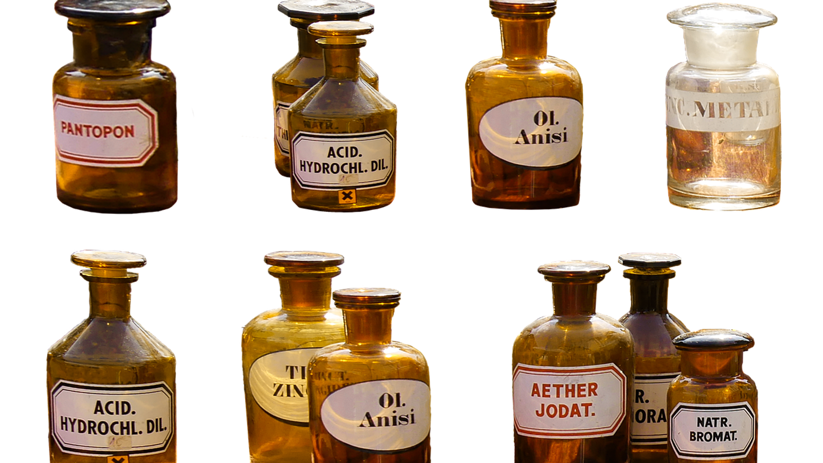 Small brown medicine bottles on a white background