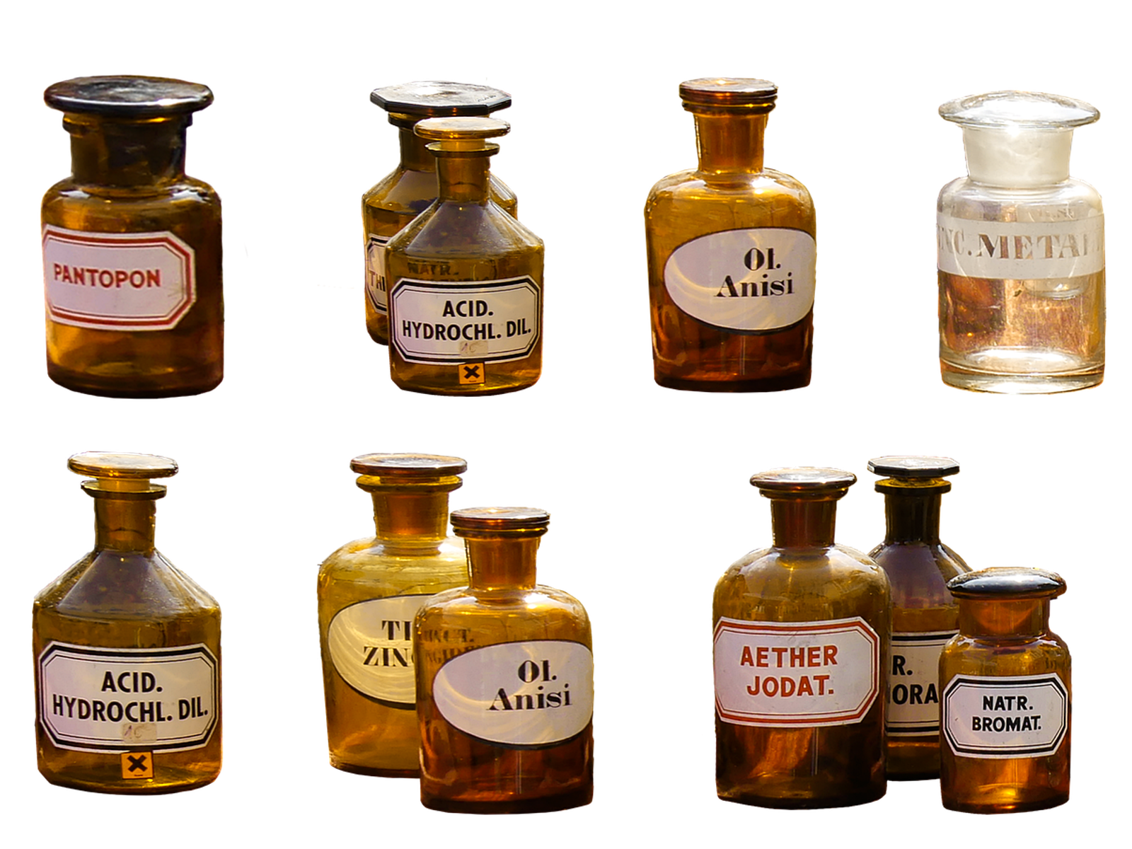 Small brown medicine bottles on a white background