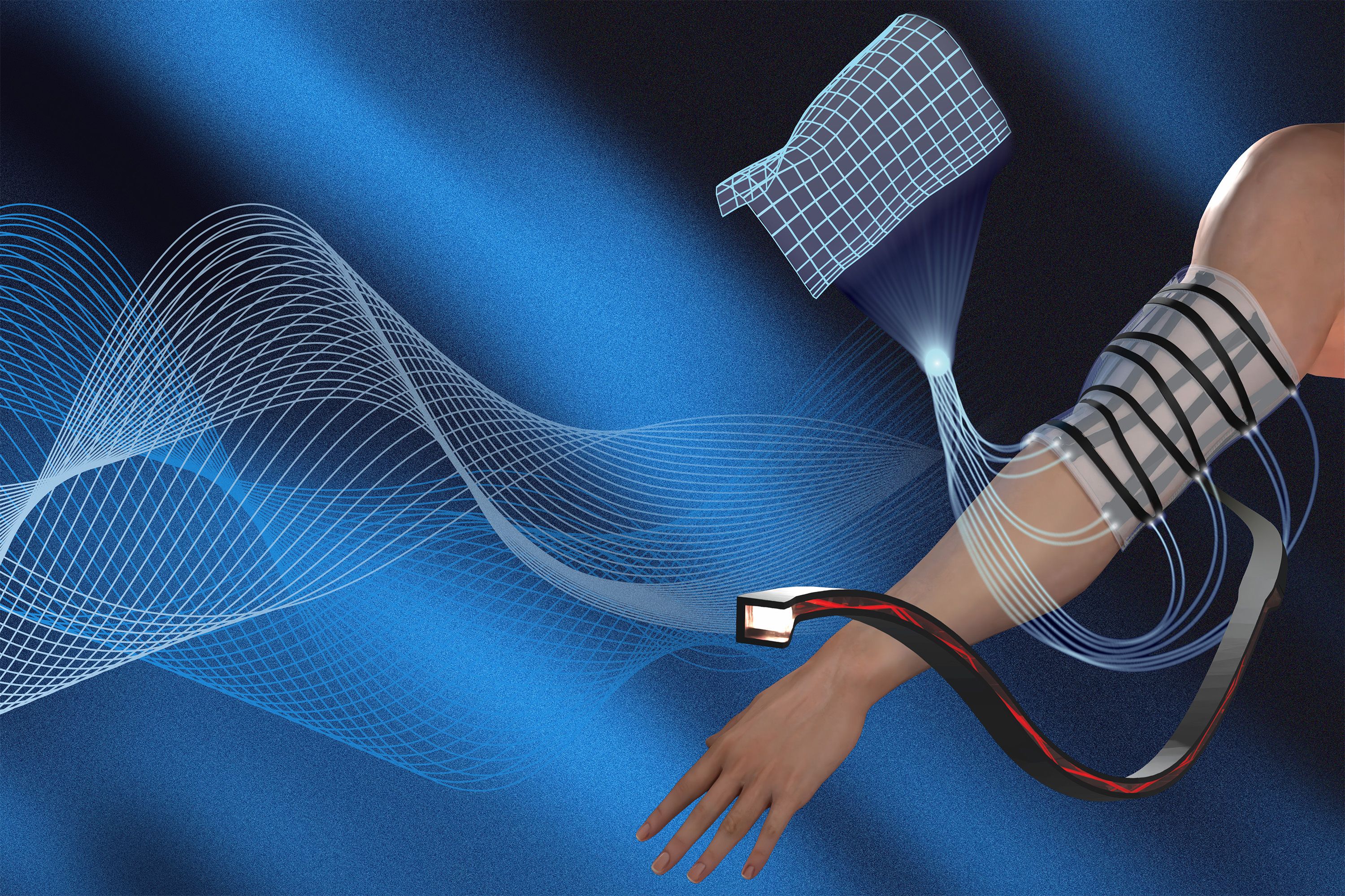Illustration of an arm wrapped in a soft sensing sheet with optical fibers, next to a digital mesh model of the sheet's shape