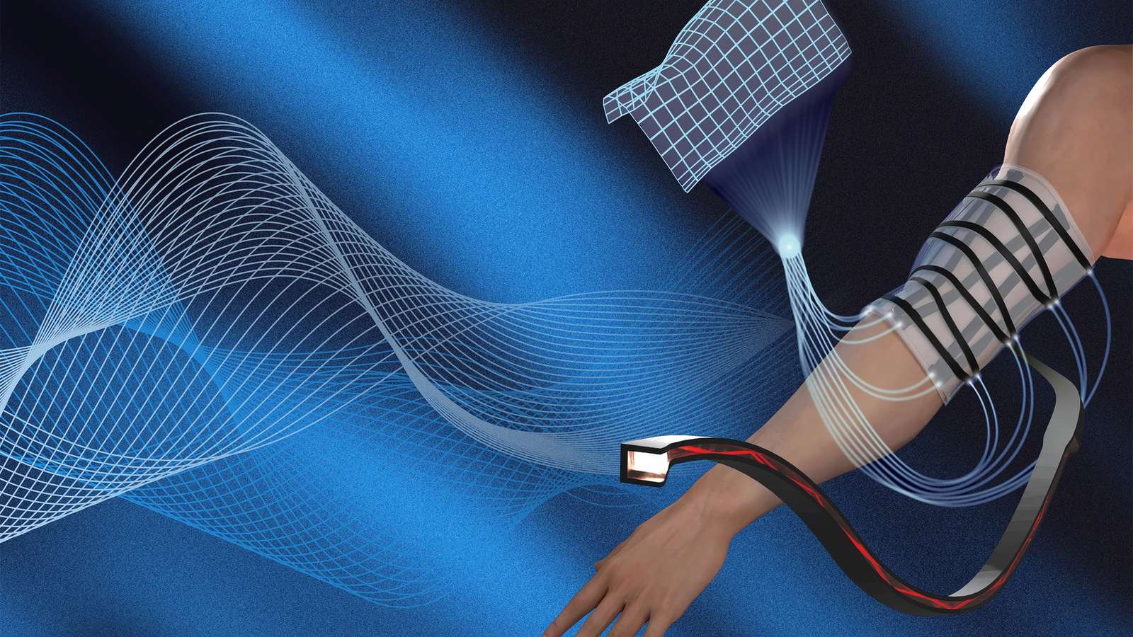 Illustration of an arm wrapped in a soft sensing sheet with optical fibers, next to a digital mesh model of the sheet's shape