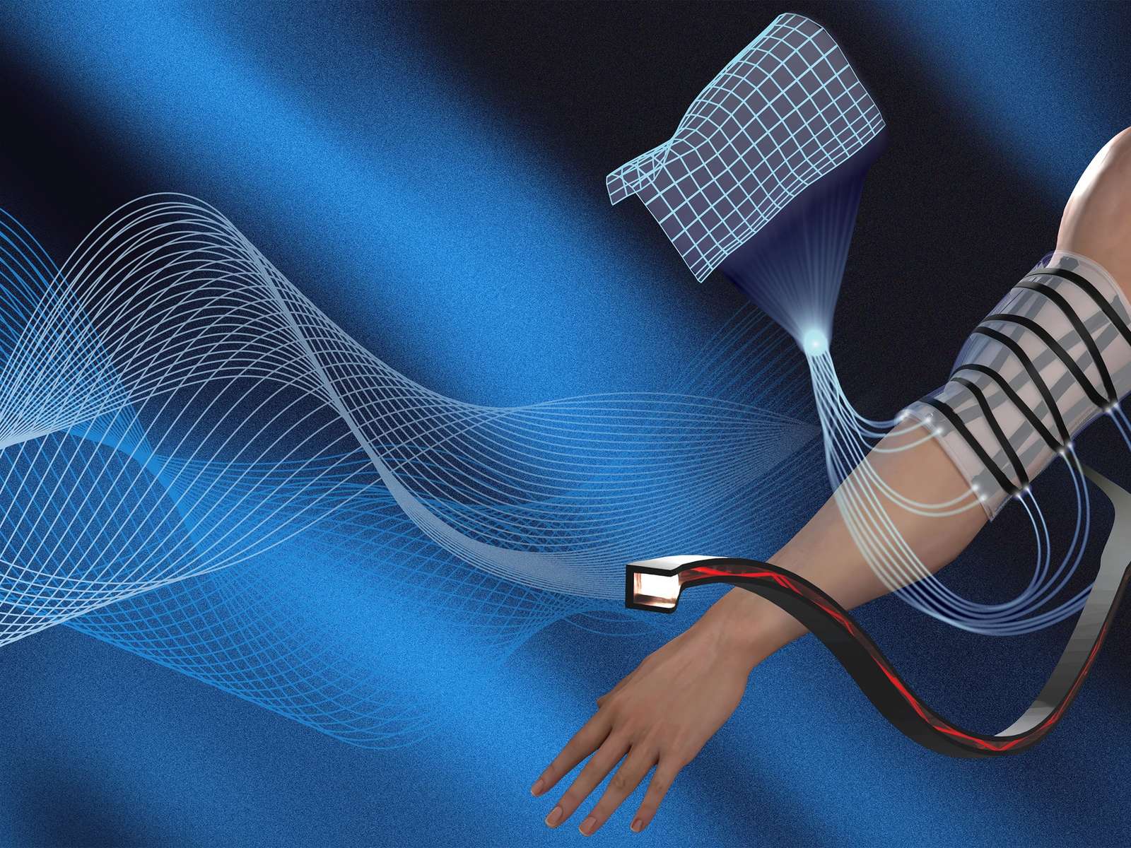 Illustration of an arm wrapped in a soft sensing sheet with optical fibers, next to a digital mesh model of the sheet's shape