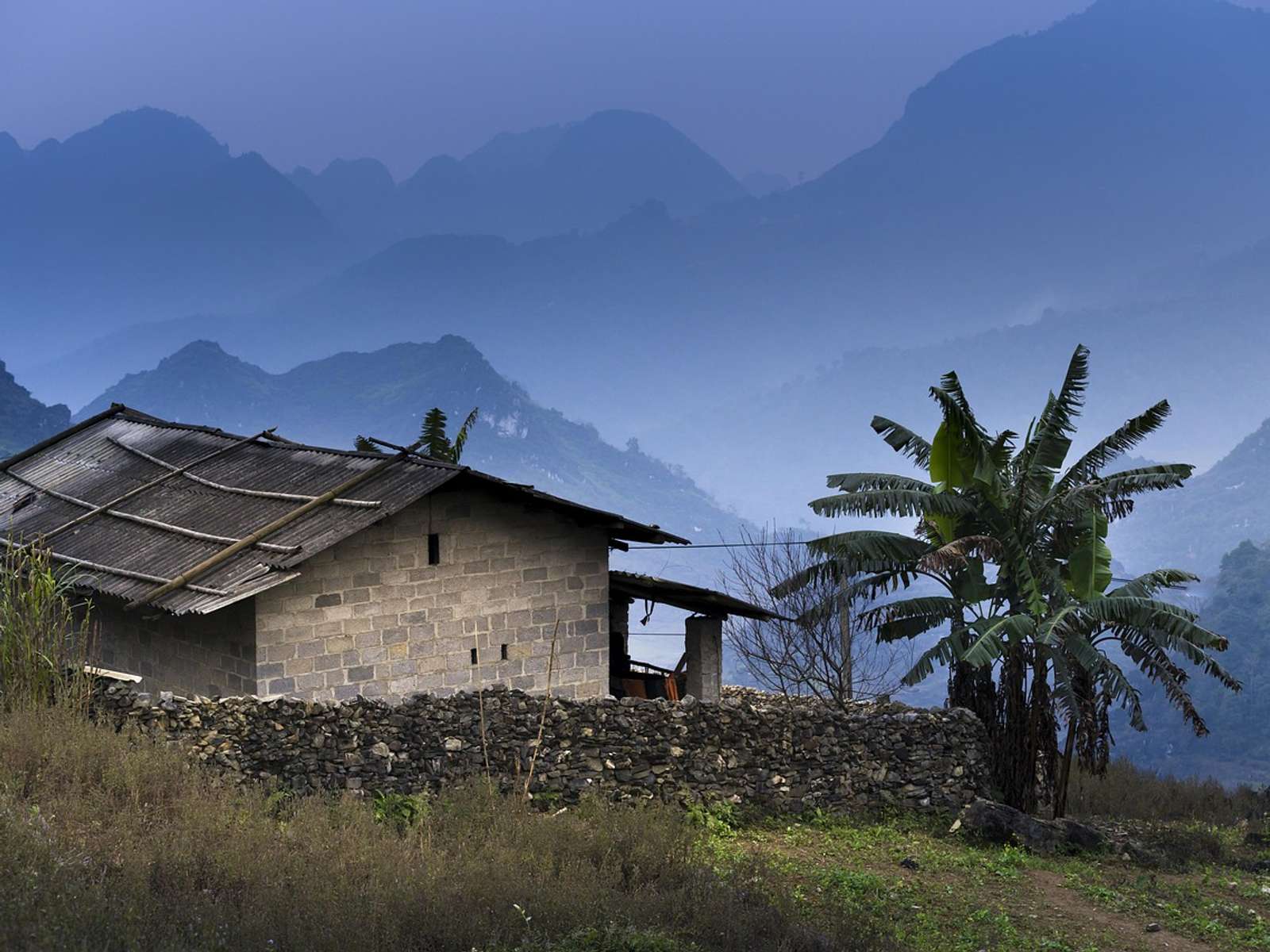 A small brick house with a corrugated roof and a banana tree in front of misty mountains in Ha Giang, northern Vietnam