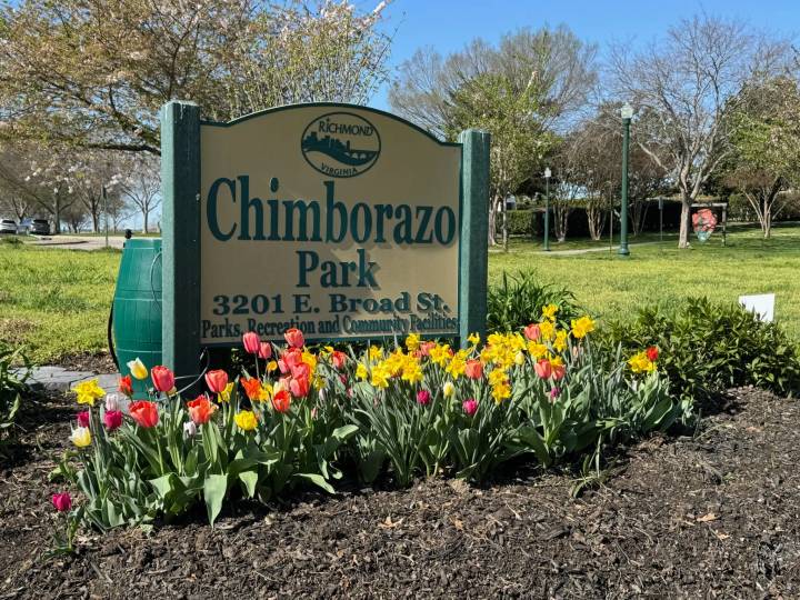 The Chimborazo Park sign at 3201 E. Broad St. in Richmond, Virginia, is decorated with a vibrant spring garden of red, pink, and yellow tulips and daffodils in front of it, with mature trees and green lawn visible in the background.