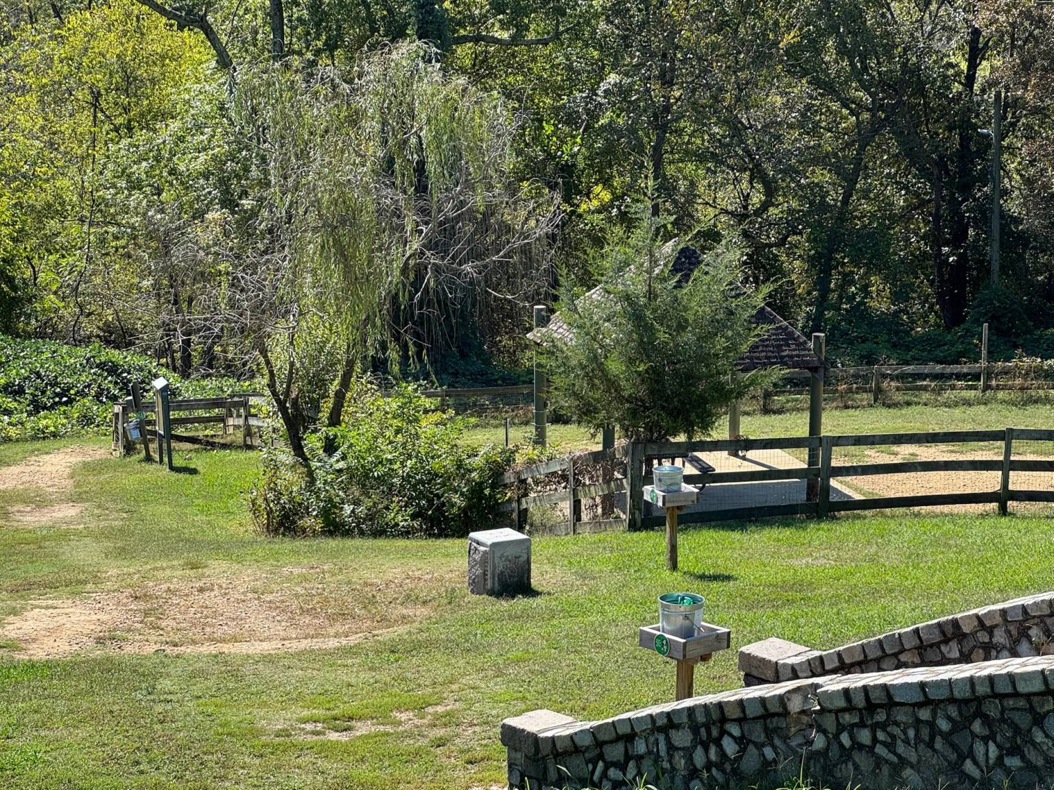 A serene landscape at Chimborazo Park featuring stone-lined grave plots in the foreground, wooden fencing, mature trees including weeping willows, and lush green grass, with picnic areas visible in the background.