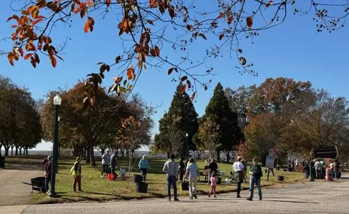 A diverse group of people gather to plant native trees at Chimborazo Park on a clear autumn day, with fall foliage visible in the trees overhead and the James River visible in the background.