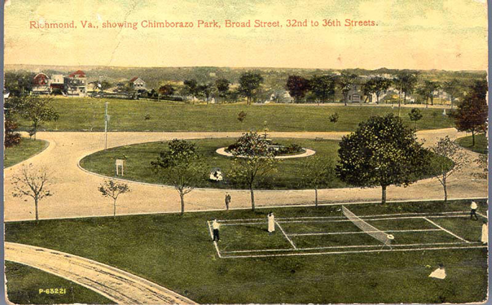 Early 1900s hand-colored postcard showing Chimborazo Park from Broad Street, featuring curved pathways through landscaped gardens, people playing tennis on courts in the foreground, and residential homes visible beyond the park's tree line.