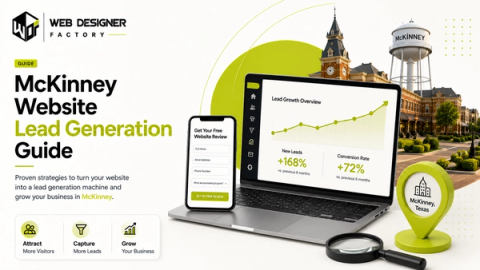 Laptop and phone mockups of a lead-generation dashboard beside the McKinney, Texas water tower