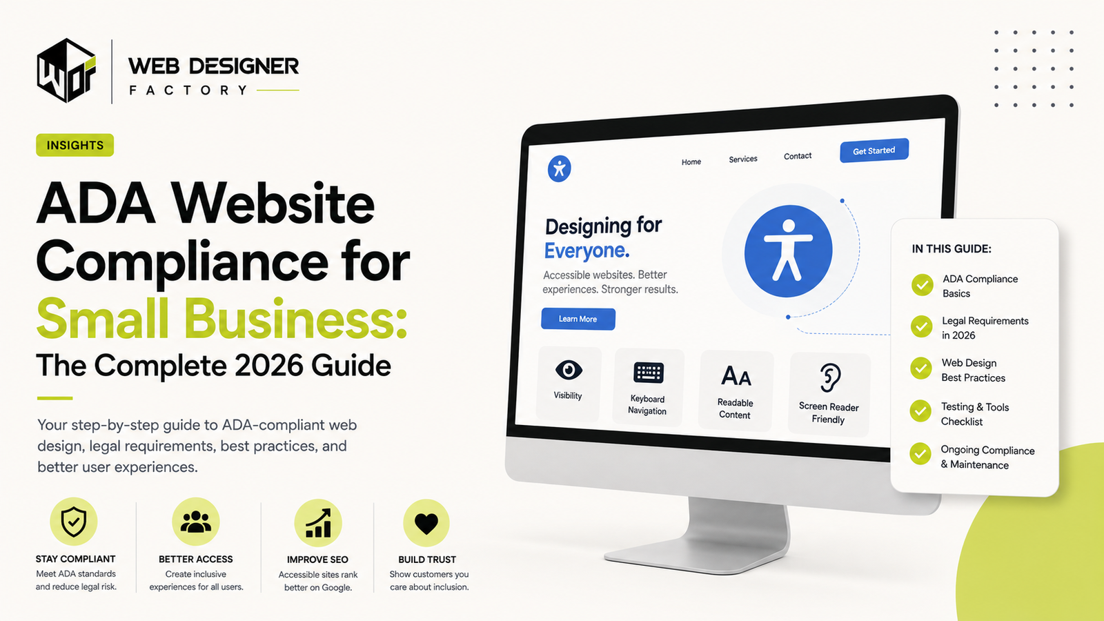 Desktop mockup of an accessible website homepage with icons for visibility, keyboard navigation, readable content and screen readers