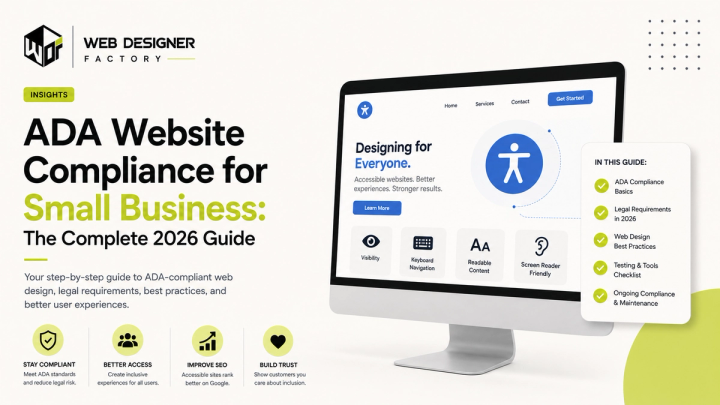 Desktop mockup of an accessible website homepage with icons for visibility, keyboard navigation, readable content and screen readers